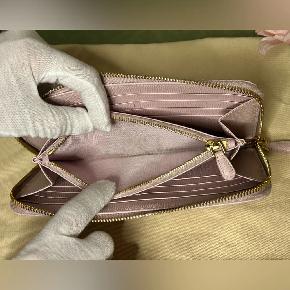 Prada Saffiano Lux Zip-Around Wallet (Light Pink) w/ Gold Logo